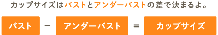 カップサイズはバストとアンダーバストの差で決まるよ。バスト-アンダーバスト=カップサイズ