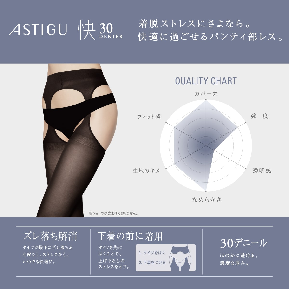 公式) ASTIGU アスティーグ 【快】パンティ部レス 30デニール シアータイツ| ATSUGI（アツギ）公式直販