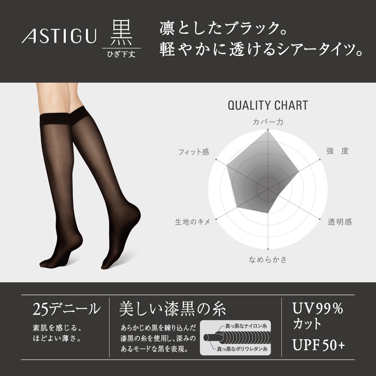 ASTIGU【黒】クールな漆黒　ひざ下丈25デニールシアータイツ